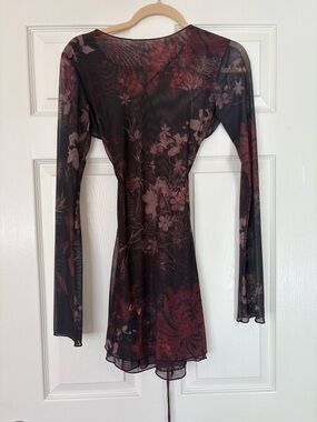 Jaded London Black and Burgundy Floral Mesh Long-Sleeve Dress